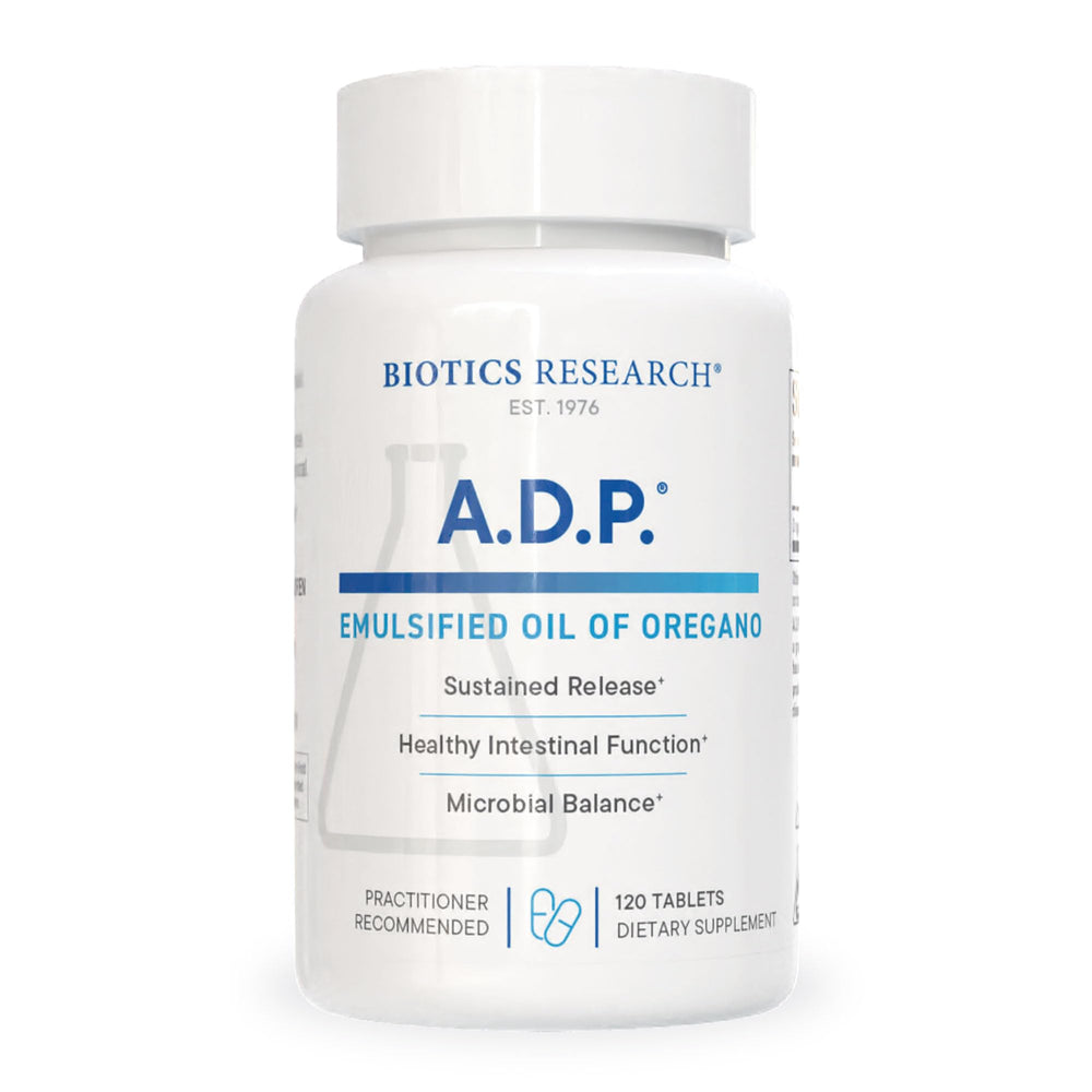 Biotics Research A.D.P. emulsified oregano tablets bottle front for gentle GI support