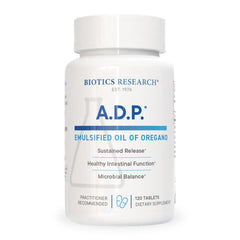 Biotics Research A.D.P. emulsified oregano tablets bottle front for gentle GI support