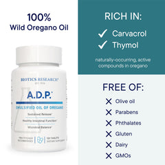 Biotics Research A.D.P. oregano oil close-up highlighting carvacrol-rich formula