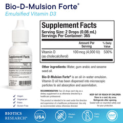 Biotics Research Bio-D-Mulsion Forte drops being poured from bottle.