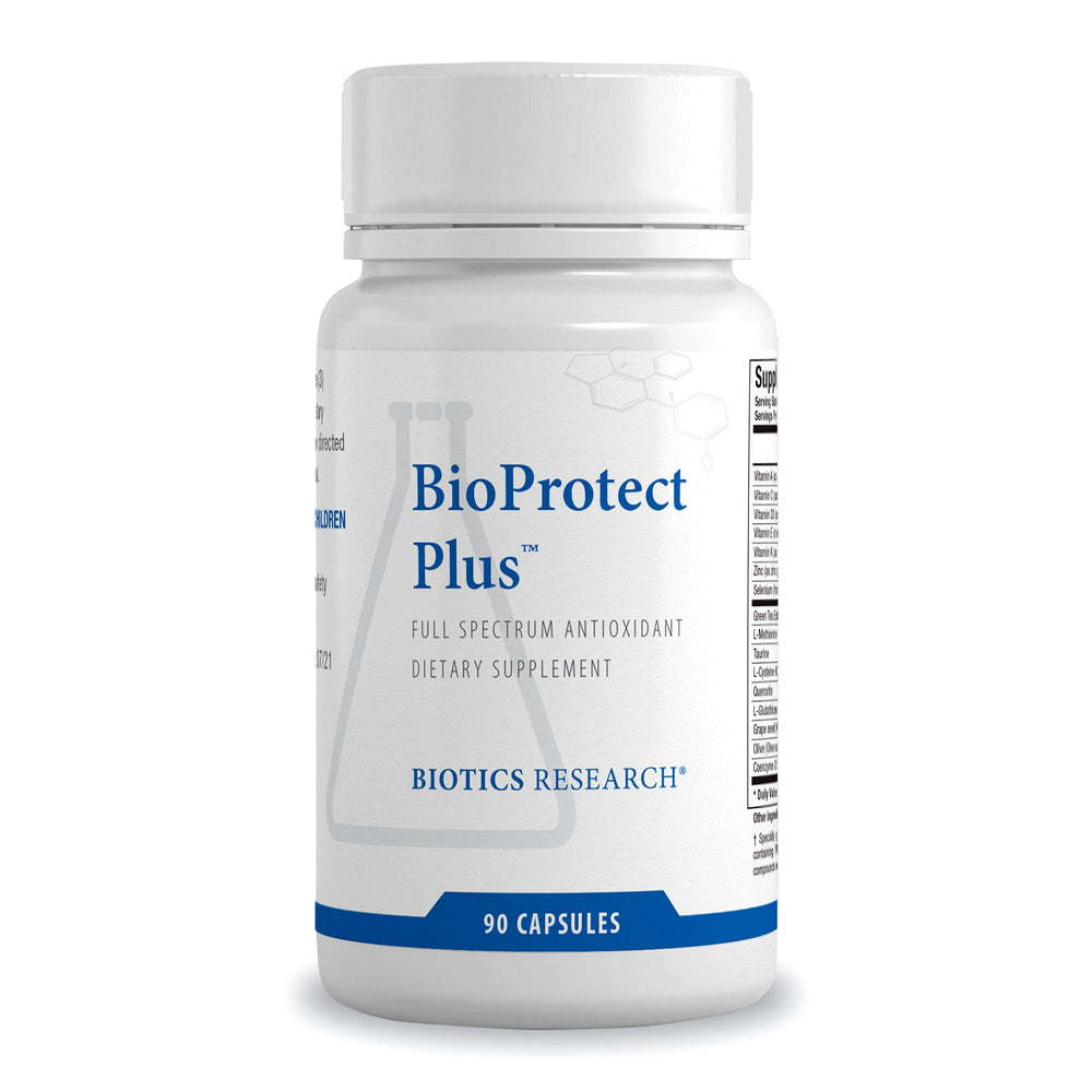 BioProtect Plus bottle on a clean surface highlighting antioxidant support from BIOTICS RESEARCH.