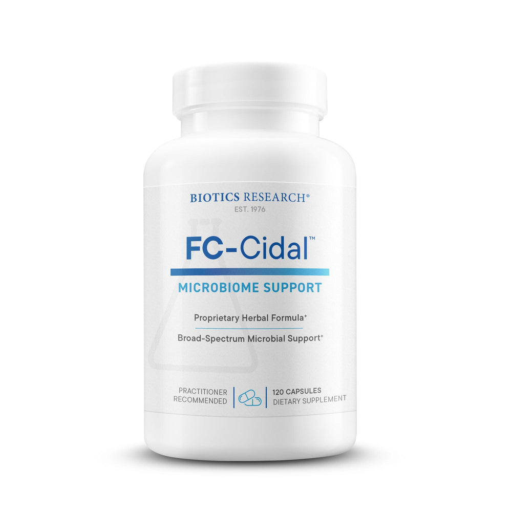 Biotics Research FC-Cidal bottle label shows seven-herb blend for gut balance.