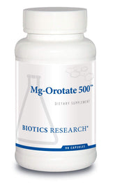 Biotics Research Mg Orotate 500mg bottle showcases heart health support in clear packaging.