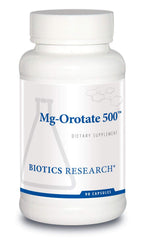 Biotics Research Mg Orotate 500mg bottle showcases heart health support in clear packaging.