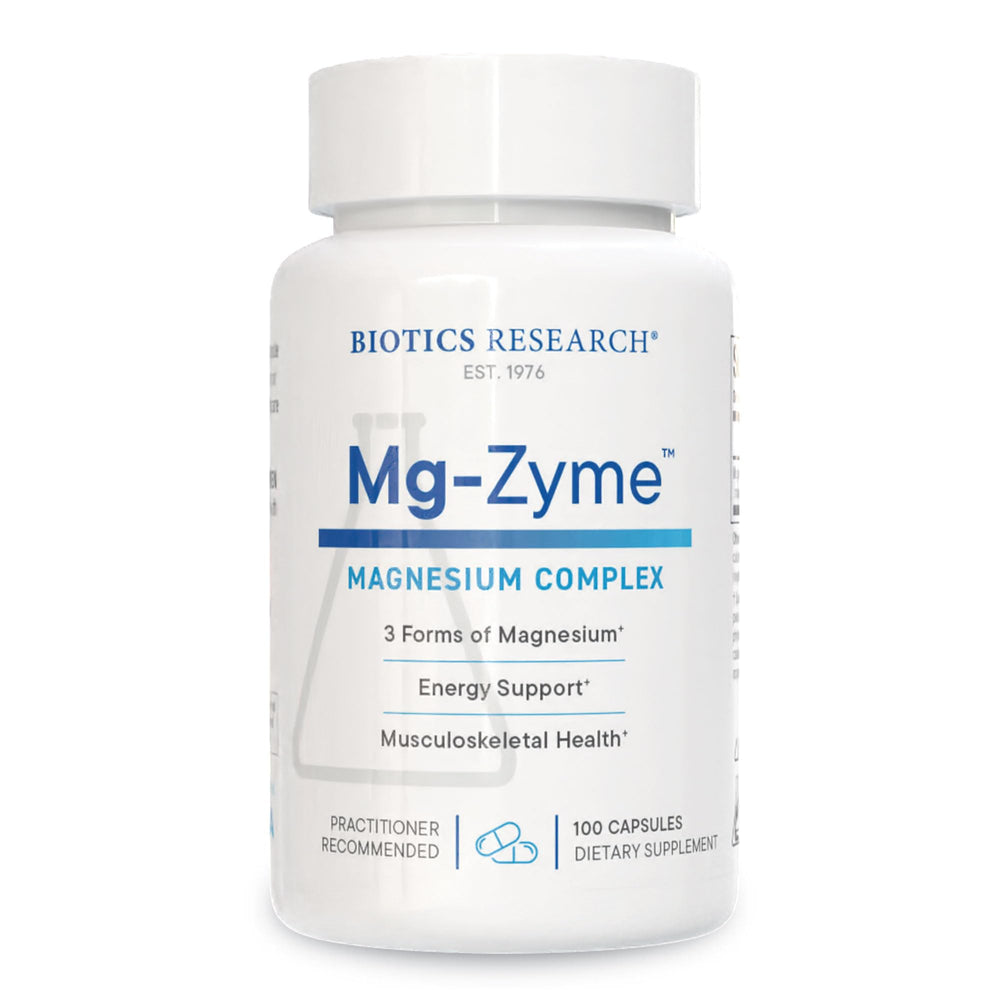 Biotics Research Mg-Zyme bottle shown for sleep support and muscle relaxation