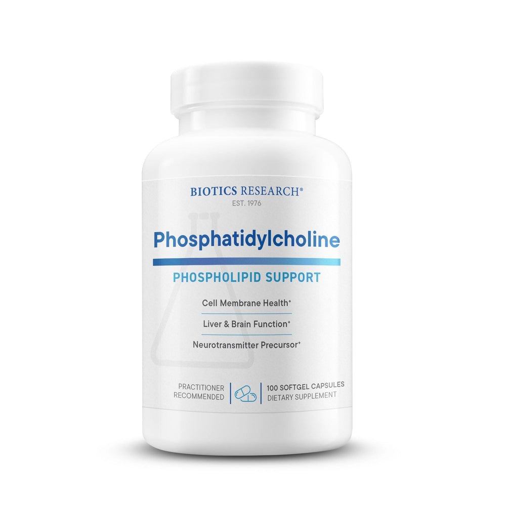 Biotics Research phosphatidylcholine softgel bottle — supports healthy brain membranes and cognitive function.
