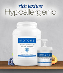Biotone Advanced Therapy Creme packaging shot emphasizes fragrance-free, hypoallergenic formula.