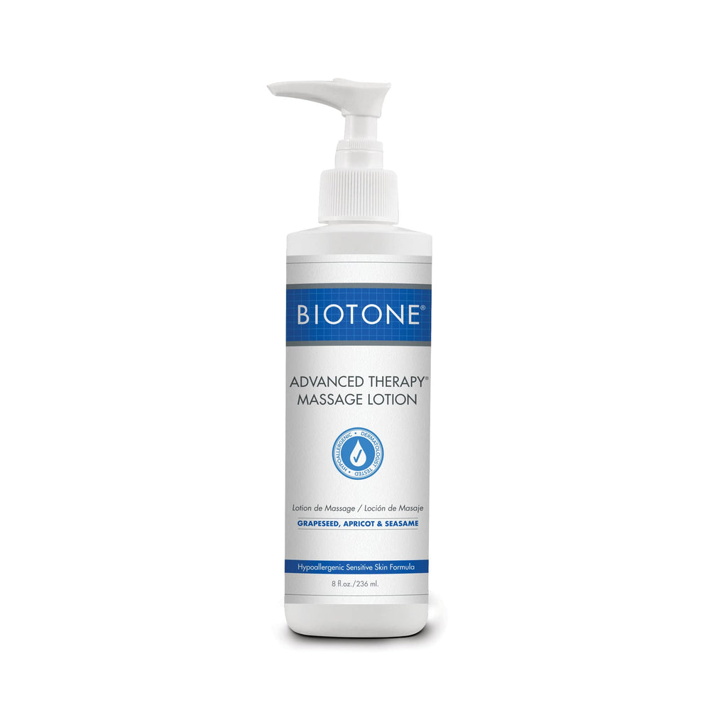 BIOTONE Advanced Therapy Massage Lotion bottle shows fragrance-free, hypoallergenic glide for sensitive clients.