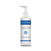 BIOTONE Advanced Therapy Massage Lotion bottle shows fragrance-free, hypoallergenic glide for sensitive clients.