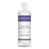 BIOTONE Deep Tissue Lotion bottle closeup shows lasting glide for professional massage.
