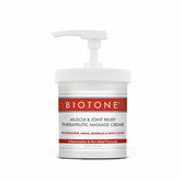 BIOTONE Muscle and Joint Relief Cream bottle for professional massage sessions.