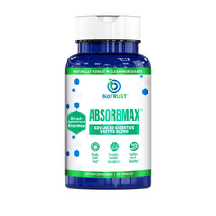 BioTrust AbsorbMax bottle front view highlighting broad-spectrum enzymes for daily digestion