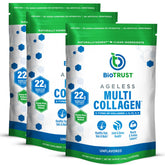 BioTrust Ageless Multi Collagen Powder bottle shows five collagen types for daily wellness