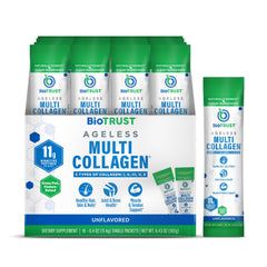 BioTrust Ageless Multi Collagen powder packet dissolves easily in beverages
