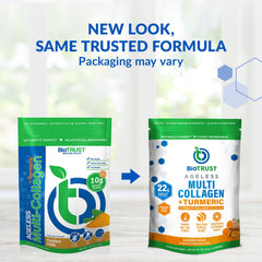 BioTrust ageless multi-collagen turmeric spoon showcases easy mixing and convenience.