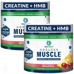 BioTrust Ageless Muscle Builder fruit punch tub front view showing lean muscle support.