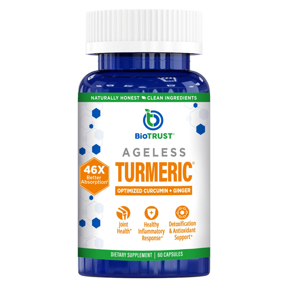 BioTrust Ageless Turmeric bottle front highlights CurcuWIN for antioxidant support