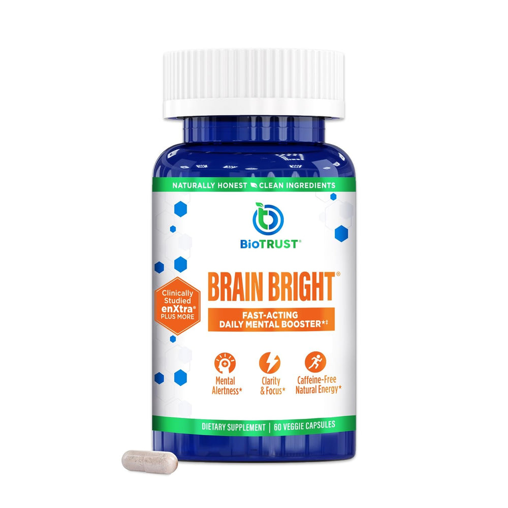 BioTrust Brain Bright bottle closeup highlighting label for daily focus support.