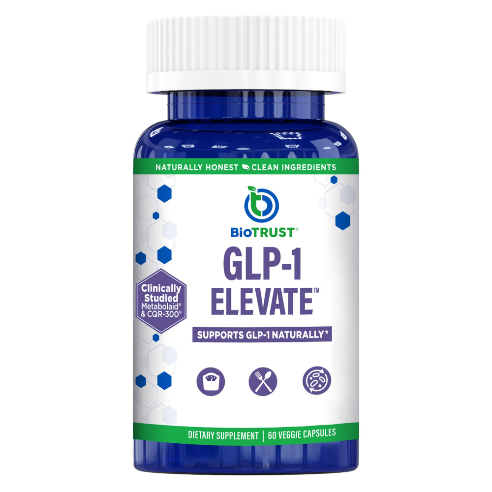 BioTrust GLP-1 Elevate bottle on countertop for convenient daily use and cravings support.