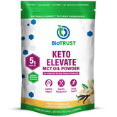 BioTrust Keto Elevate French Vanilla tub shows premium C8 MCT powder for clean energy.
