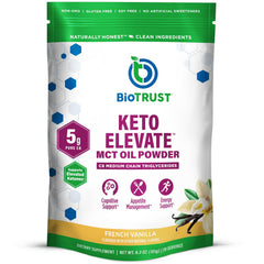 BioTrust Keto Elevate French Vanilla tub shows premium C8 MCT powder for clean energy.