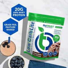 BioTrust Low Carb Lite protein scoop pouring into a shake for post-workout protein support