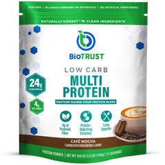 BioTrust Low Carb Cafe Mocha protein powder jar indicating a protein-packed option