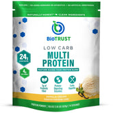 BioTrust Low Carb Protein Powder Vanilla bottle highlights grass-fed protein blend for daily use
