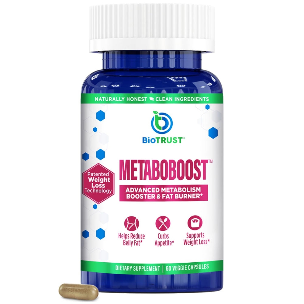 BioTrust MetaboBoost bottle front view shows sleek packaging for weight-management support.