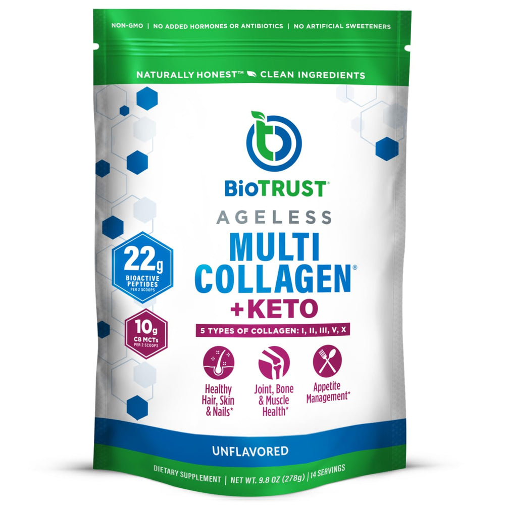 BioTrust Multi Collagen + Keto MCT Powder container showing versatile unflavored formula
