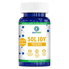 BioTrust Sol Joy bottle front view highlighting high-potency vitamin D3 K2 capsules.