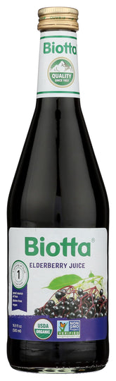 Biotta Elderberry Juice bottle front view showing pure non concentrate quality