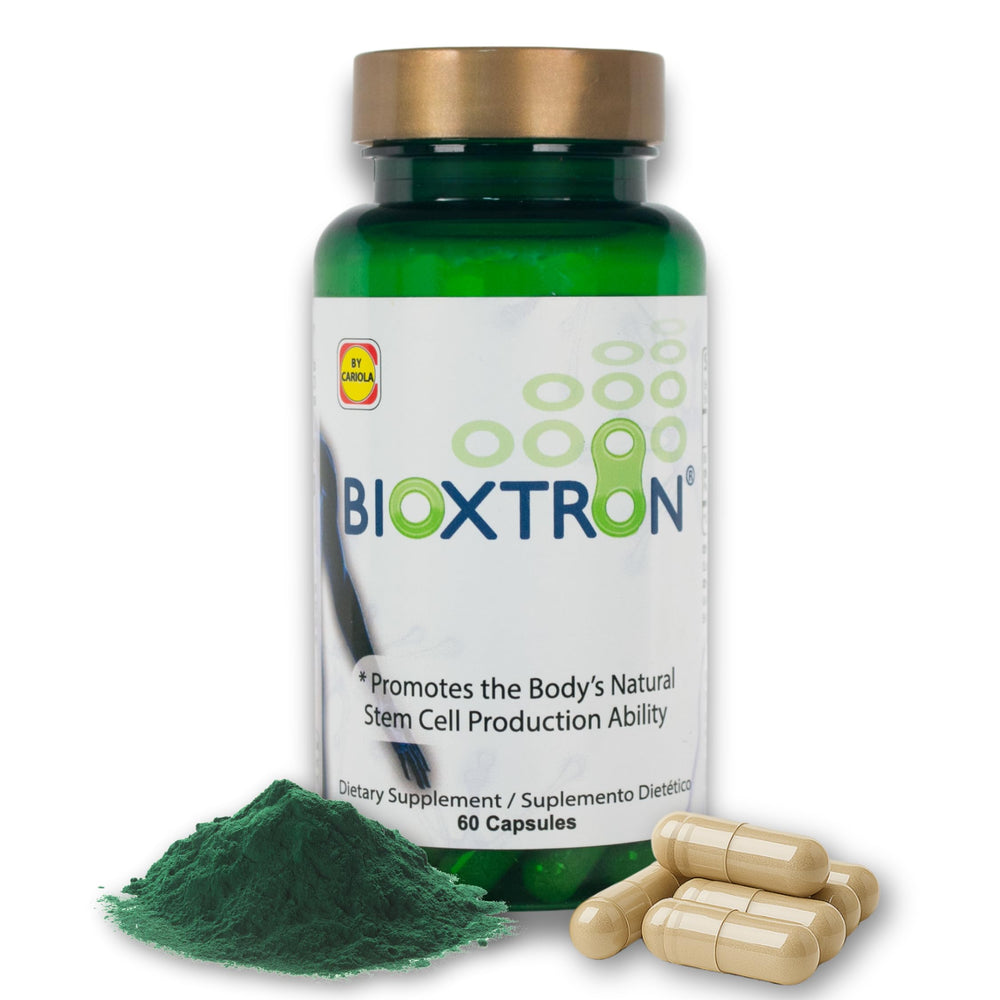 Bioxtron stem cell supplement bottle front promotes daily vitality with blue green algae.