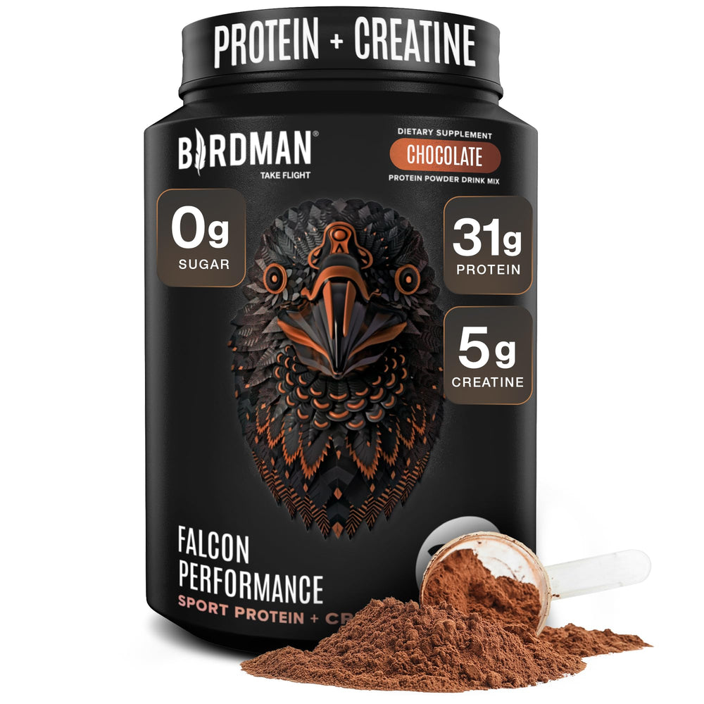 Birdman Falcon Performance chocolate tub showcases plant-based protein for muscle recovery.