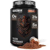 Birdman Falcon Performance chocolate tub showcases plant-based protein for muscle recovery.