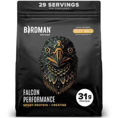 Birdman Falcon Performance vanilla protein bottle showing plant-based formula for daily muscle support.