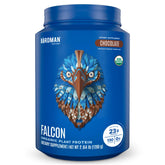 Birdman Falcon vegan protein powder in chocolate flavor, organic and sugar free.