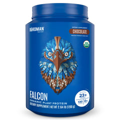 Birdman Falcon vegan protein powder in chocolate flavor, organic and sugar free.