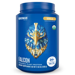 Birdman Falcon vegan protein vanilla tub highlights clean, protein-packed nutrition.