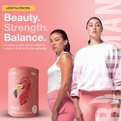 BIRDMAN Fitmingo shake being poured highlights a dairy-free, low-calorie protein choice.