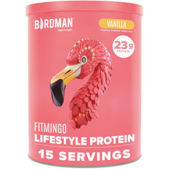 BIRDMAN Fitmingo vanilla protein bottle shows a plant-based option for post-workout recovery.