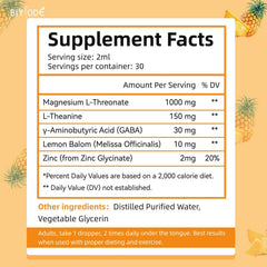 BIYODE Magnesium L-Threonate Liquid Drops label closeup showcases pineapple flavor and clean ingredients.