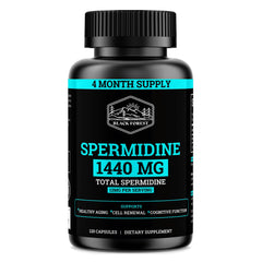 Black Forest Spermidine bottle close-up highlighting purity and potency