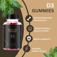 Black Girl Vitamins D3 Gummies bottle back with key nutrient info highlighted