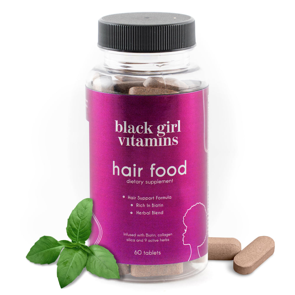 Black Girl Vitamins Hair Food bottle showing daily nourishment for thicker, stronger strands