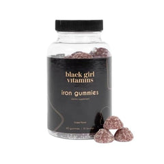 Black Girl Vitamins iron gummies gelatin-free label highlights dietary suitability.