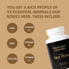 Close-up of Black Girl Vitamins sea moss capsules on the bottle side.