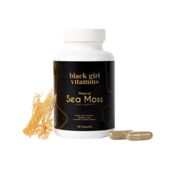 Black Girl Vitamins sea moss capsules packaging, vegan formula for immune support.