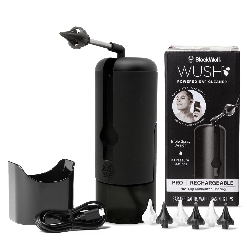 Black Wolf Wush Pro ear cleaner front view, comfortable grip for precise cleaning.