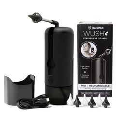 Black Wolf Wush Pro ear cleaner front view, comfortable grip for precise cleaning.
